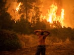A local resident reacts as he observes a large blaze during an attempt to extinguish forest fires approaching the village of Pefki on Evia (Euboea) island, Greece's second largest island, on August 8, 2021. - Hundreds of Greek firefighters fought desperately on August 8 to control wildfires on the island of Evia that have charred vast areas of pine forest, destroyed homes and forced tourists and locals to flee. Greece and Turkey have been battling devastating fires for nearly two weeks as the region suffered its worst heatwave in decades, which experts have linked to climate change. (Photo by ANGELOS TZORTZINIS / AFP)