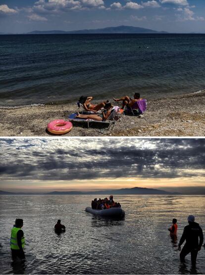 En la imagen superior, un grupo de personas disfrutan del sol en la playa de Mytilene, en la isla de Lesbos (Grecia), el 3 de agosto de 2015. En la imagen inferior, un grupo de migrantes se aproxima a la playa de Mythilene, el 23 de febrero de 2016.