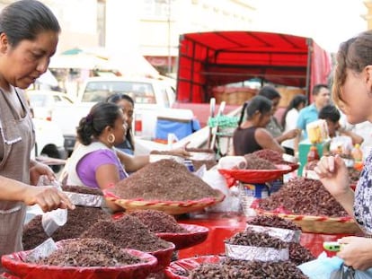 Una vendedora de &quot;chapulines&quot; en el mercado de Oaxaca, M&eacute;xico.