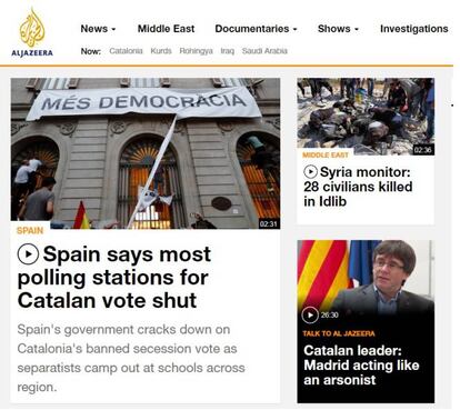 La cadena qatarí, Al Jazeera, destaca como primera noticia la situación en Cataluña. "La mayoría de colegios electorales dispuestos a facilitar el voto, están cerrados".