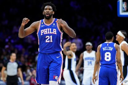 Philadelphia 76ers' Joel Embiid reacts during the second half of an NBA basketball game against the Orlando Magic, Monday, Jan. 30, 2023, in Philadelphia.