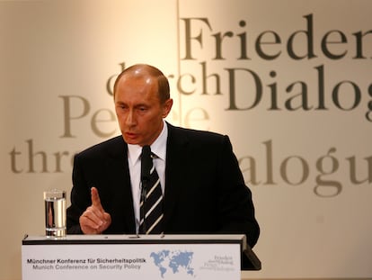 Vladímir Putin, durante su discurso en la Conferencia de Seguridad de Múnich, el 10 de febrero de 2007.