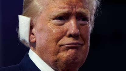 Republican presidential nominee and former U.S. President Donald Trump looks on during Day 1 of the Republican National Convention (RNC) in Milwaukee on July 15.