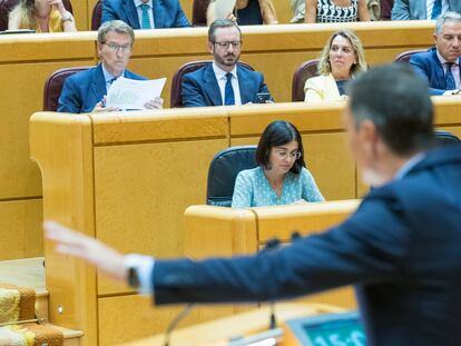 El presidente del Gobierno, Pedro Sánchez, durante su intervención, en presencia del líder del PP, Alberto Núñez Feijóo.