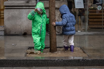 Dos niños juegan en un charco de agua a los pies de un árbol en carretera de Sants. 