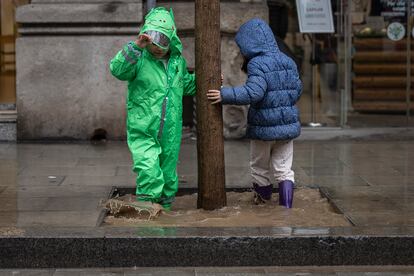 Dos niños juegan en un charco de agua a los pies de un árbol en carretera de Sants.