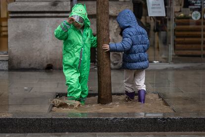 Dos niños juegan en un charco de agua a los pies de un árbol en carretera de Sants. 