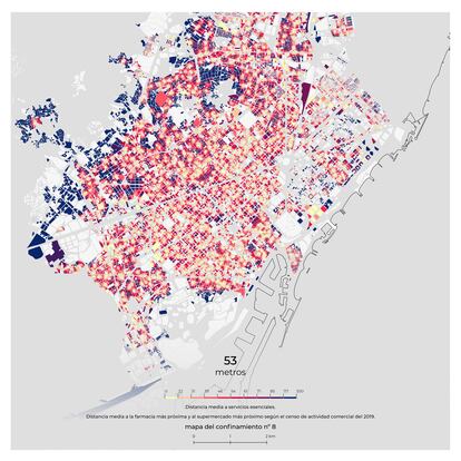 Mapa que refleja la distancia media a servicios esenciales en cada punto de la capital catalana.