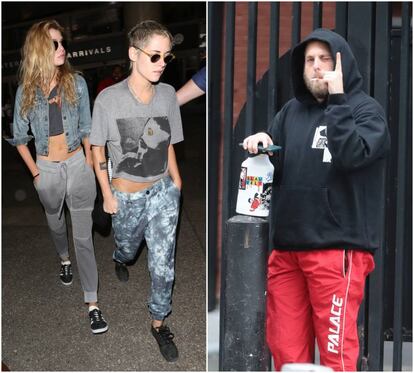 Kristen Stewart, con su camiseta de Joe Strummer (The Clash) y el candado colgando del cuello. A su lado su pareja, la modelo Stella Maxwell. A la derecha, el actor Jonah Hill, empeñado en demostrar que puede ir a hacer deporte fumando y con un 'tetra brik' en la mano.