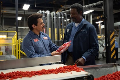 Jesse Garcia and Dennis Haysbert, making spicy Cheetos in 'Flamin' Hot.'