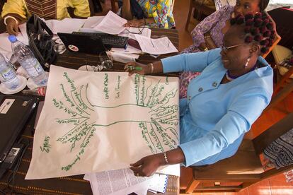 Djima Leontine Konou Rifonga finaliza el análisis de las causas y efectos del conflicto armado en África representado en la imagen de un árbol para exponer y debatir con sus compañeras.  