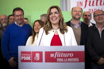 La presidenta de la Junta de Andalucía, Susana Díaz, en la rueda de prensa después de conocer los resultados electorales, en Sevilla.