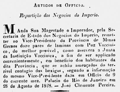 Ato do governo de 1828: varíola foi alvo de política pública desde o início do século 19.