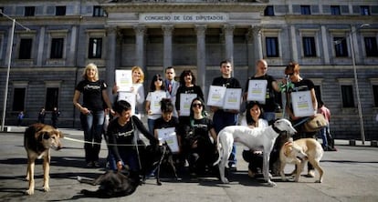 Varios miembros de PACMA, acompañados de sus perros, presentan en el Congreso sus 43.000 firmas para ir a las pasadas elecciones europeas.