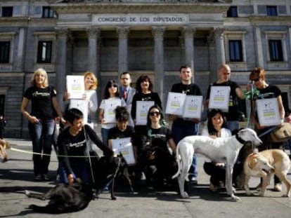 Varios miembros de PACMA, acompañados de sus perros, presentan en el Congreso sus 43.000 firmas para ir a las pasadas elecciones europeas.