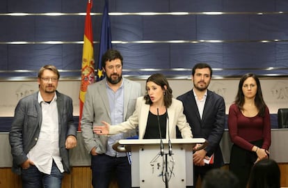 Irene Montero comparece en rueda de prensa en el Congreso.