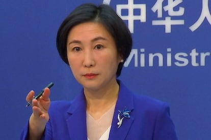 Chinese Foreign Ministry spokesperson Mao Ning gestures during a press conference in October 2022.