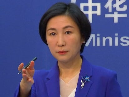 Chinese Foreign Ministry spokesperson Mao Ning gestures during a press conference in October 2022.