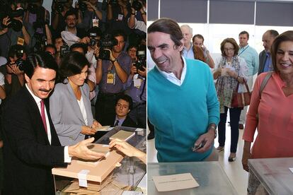 José María Aznar y Ana Botella. 22 años separan estas dos imágenes, y en ellas se aprecia el cambio estilístico de sus protagonistas. En 1993 (fotografía de la izquierda), el PP de Aznar irrumpió como fuerza opositora y él acudió a votar con una indumentaria clásica: traje negro y camisa blanca. Pero añadió un toque de color en su corbata roja. Botella lució un atuendo similar: chaqueta de traje (clara en su caso) y cuerpo blanco. Más de dos décadas después, en las elecciones municipales y autonómicas de 2015, los políticos populares acudieron a su colegio electoral de Pozuelo de Alarcón con un aire mucho más informal pero también conjuntados: escotes en pico y colores vivos.