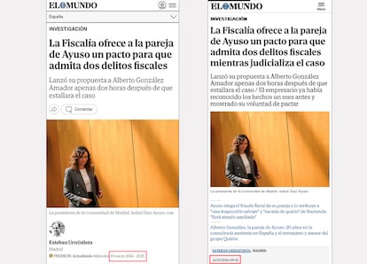 Capturas de pantalla de las noticias de 'El Mundo' publicadas el 13 y el 14 de marzo de 2024.