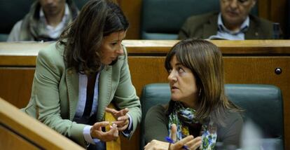 La parlamentaria del PP Laura Garrido habla con Idoia Mendia, en su escaño durante el pleno.