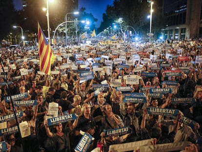 A protest in Barcelona against the arrest of two of the Catalan separatist leaders.