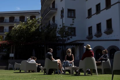 Tourists in a hotel in Tenerife this week.