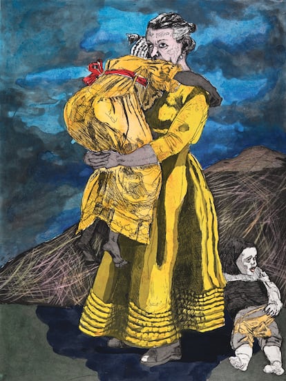 'Fuga' (2009), de Paula Rego. Acuarela, aguafuerte y aguatinta sobre papel. 64 × 50 cm. Colección Ostrich Arts Ltd.