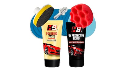 Kit para pulir faros sobre fondo blanco.