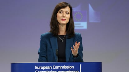 La comisaria europea de Innovación, Investigación, Cultura, Educación y Juventud, Mariya Gabriel, durante una rueda de prensa.