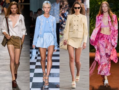 De izq. a dcha.: detalle de los desfiles de Gucci, Versace, Ermanno Scervino y Roberto Cavalli, Primavera/Verano 2024.