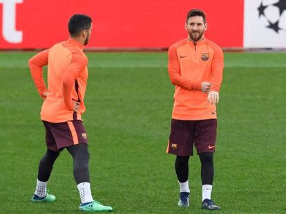 Suárez e Messi treinam para jogo contra a Roma.