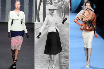 El 12 de febrero de 1947 Christian Dior revolucionaría la Alta Costura (y la moda de posguerra) con su 'New look', que han adaptado directores creativos de la firma posteriores como John Galliano (dcha.) o Raf Simons (izq.)