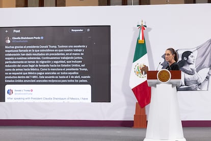 Claudia Sheinbaum en conferencia de prensa tras su llamada con Donald Trump, el 6 de marzo en Palacio Nacional.