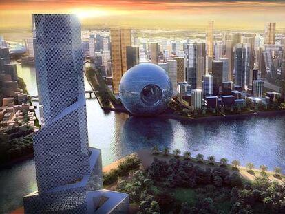 Imagen por ordenador de Waterfront City, el proyecto realizado para Dubai por la Oficina para la Arquitectura Metropolitana (OMA), que dirige Rem Koolhaas.