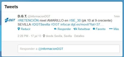 Ejemplo de tuit de la DGT. Indica el tipo de incidencia, la serveridad de la misma y la carretera en que se ha producido con su punto kilométrico (pk). Las etiquetas #DGT ayudan a encontrar la información