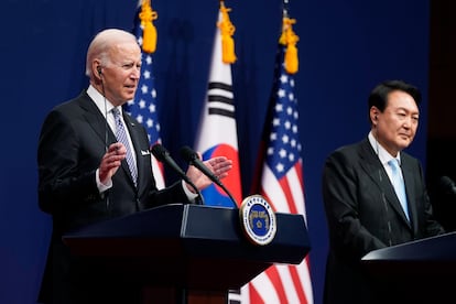 U.S. President Joe Biden, left, speaks as South Korean President Yoon Suk Yeol listens during a news conference at the People's House inside the Ministry of National Defense, Saturday, May 21, 2022, in Seoul, South Korea