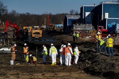 Contractors collect soil and air samples from the derailment site on March 9, 2023 in East Palestine, Ohio.