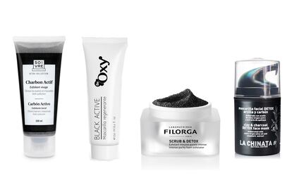 De izquierda a derecha: Exfoliante facial Charbon Activ, de Soivre (9,54 € en Promofarma); Mascarilla Black Active, de BeOxy (29 € en Body Brite); Exfoliante facial Scrub & Detox, de Filorga (26 € en Promofarma), y Mascarilla Facial Detox Arcilla y Carbón, de La Chinata (6,66 € en La Chinata).