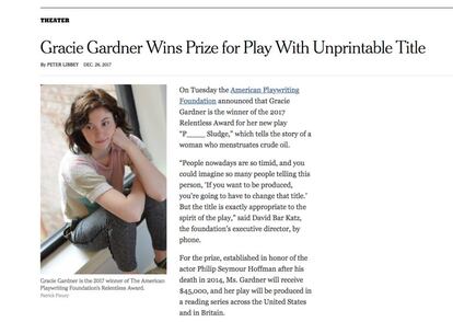 Captura de la noticia de The New York Times cuyo titular indica que la obra de Gracie Gardner no se puede mencionar.
