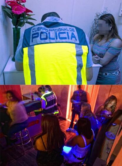 Un policía toma datos a las prostitutas. Abajo, imagen del burdel registrado en Cataluña.