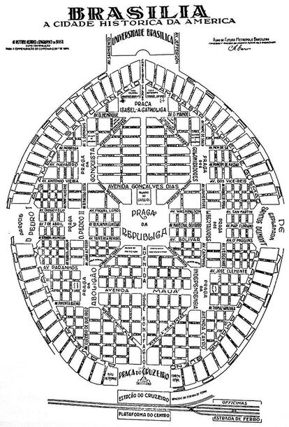 Plano da futura capital projetado por Theodoro Figueira de Almeida em 1929 (imagem: Reprodução/Agência Brasília). Fonte: Agência Senado
A Brasília de 1929 tem uma trama urbana quadriculada, com grandes avenidas que terminam em grandes praças e toda ela contornada por grandes alamedas e estradas. Em formato circular, previa uma cidade que começava com uma praça (chamada de Praça da República), de onde partem as principais malhas ortogonais e diagonais. A cidade termina em uma grande avenida perimetral. O desenho incorpora a forma tradicional de cidade fechada, com grandes eixos monumentais e uma malha diagonal sobrepondo-se à malha reticulada.
“Lembra Belo Horizonte, que é do final do século XIX, quando predominava esse desenho fechado influenciado por Washington e os desenhos clássicos de Versalhes, São Petesburgo, Carlsburg, feitos do período absolutista”, afirma o arquiteto e professor aposentado da Universidade de Brasília, José Carlos Córdova Coutinho.