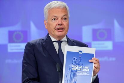 El comisario de Justicia, Didier Reynders, durante la presentación del informe sobre el Estado de derecho de 2023 este miércoles.