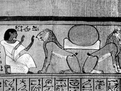 El escriba Ani adorando al dios Aker, representado como dos leones en un papiro de la XIX Dinastía (1250 antes de Cristo).