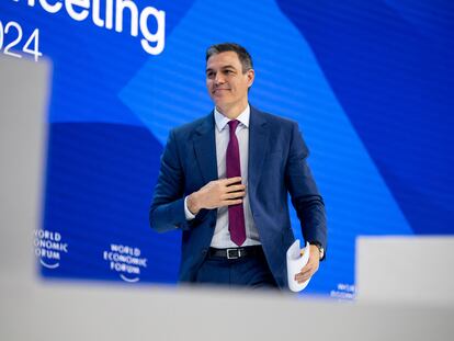 El presidente del Gobierno, Pedro Sánchez, este miércoles durante su intervención en el Foro Económico Mundial, en Davos (Suiza).