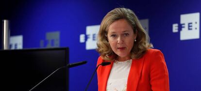 La ministra de Economía y Empresa en funciones, Nadia Calviño, hoy en la agencia EFE.