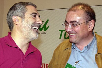 Gaspar Llamazares dialoga con el máximo responsable de IU en el País Vasco, Javier Madrazo, ayer en Madrid.