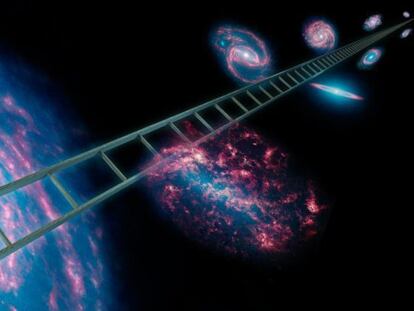 Ilustración compuesta de fotos de galaxias observadas en infrarrojo con el telescopio 'Spitzer' y la nueva escala mejorada de medir distancias en el universo.