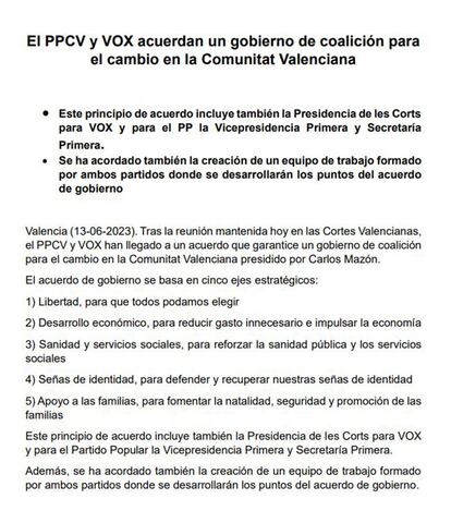 El principio de acuerdo firmado este martes por PP y Vox.