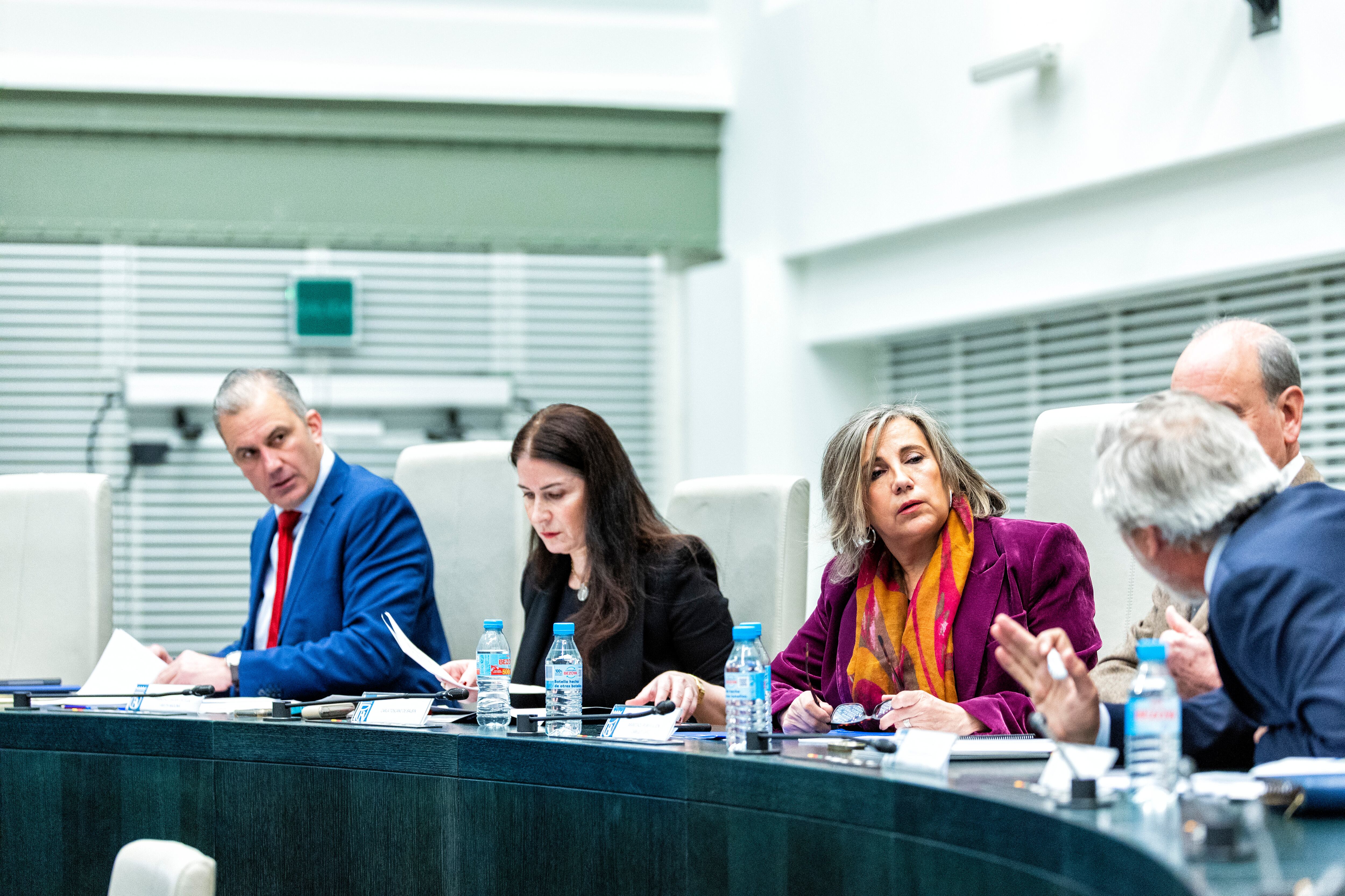 De izquierda a derecha, el portavoz municipal de Vox en el Ayuntamiento de Madrid, Javier Ortega Smith, la concejala de Vox en el Ayuntamiento de Madrid, Carla Toscano, y Arantxa Cabello, designada para sustituir a Ortega Smith, durante un pleno en el Ayuntamiento de Madrid.